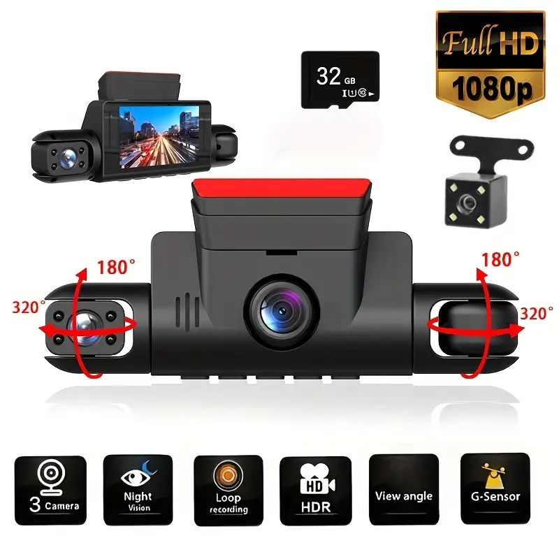 Dashcam de voiture à 4 caméras avec vision nocturne, capteur G, détection de mouvement, enregistrement en boucle, conception à 2 objectifs, modèle compact et portable pour le suivi du conducteur et la surveillance de la sécurité, caméra de sécurité pour véhicule, appareil élégant, construction durable