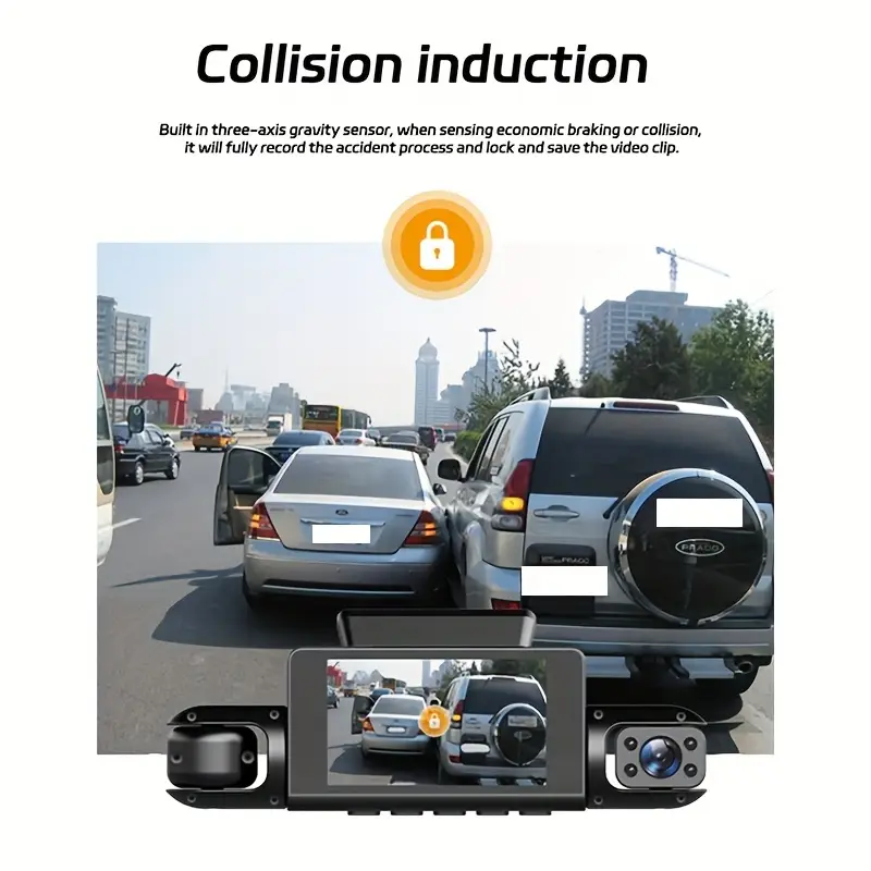 Dashcam de voiture à 4 caméras avec vision nocturne, capteur G, détection de mouvement, enregistrement en boucle, conception à 2 objectifs, modèle compact et portable pour le suivi du conducteur et la surveillance de la sécurité, caméra de sécurité pour véhicule, appareil élégant, construction durable
